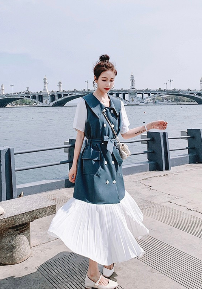 [Korean style pleated shirt long skirt]