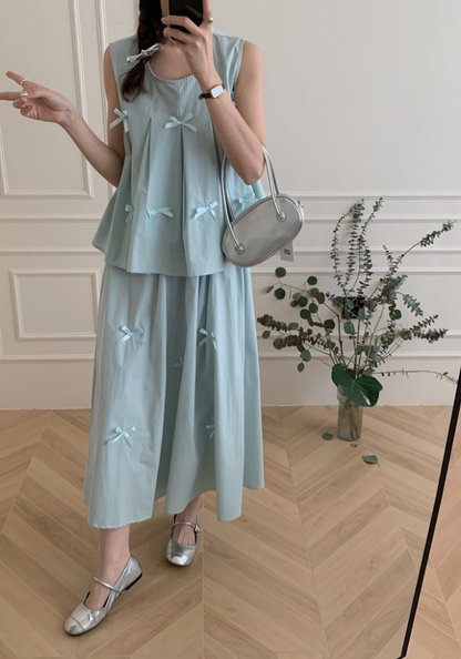 Bow sleeveless vest + skirt suit
