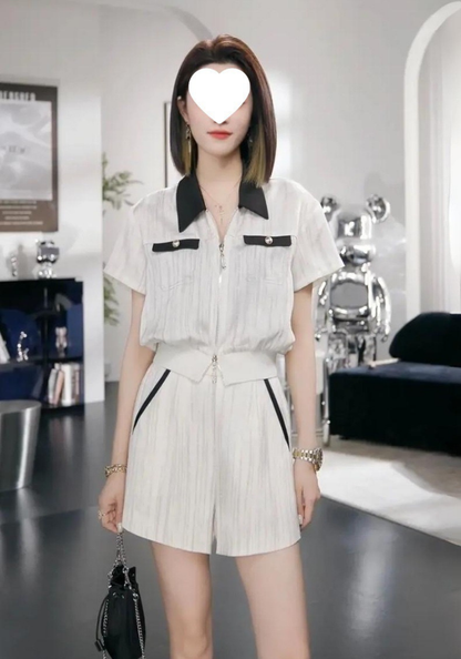 [Striped slimming zipper top and shorts set]