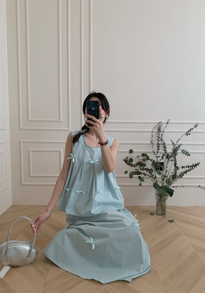 Bow sleeveless vest + skirt suit