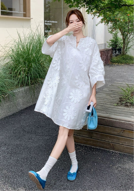 白色立體花裙