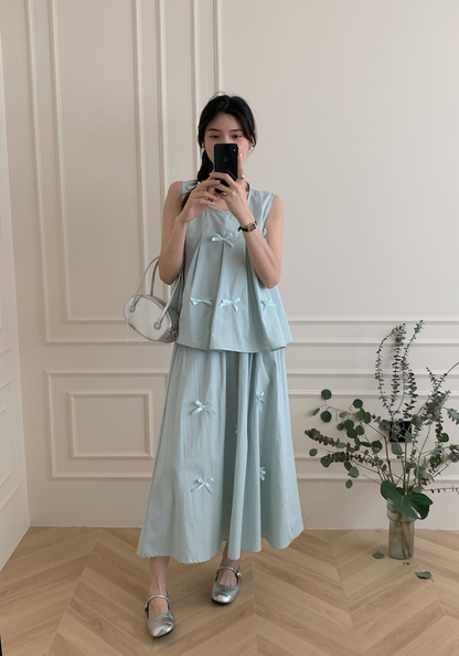 Bow sleeveless vest + skirt suit