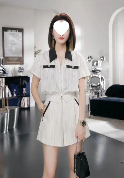 [Striped slimming zipper top and shorts set]