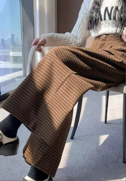 毛呢格子褲