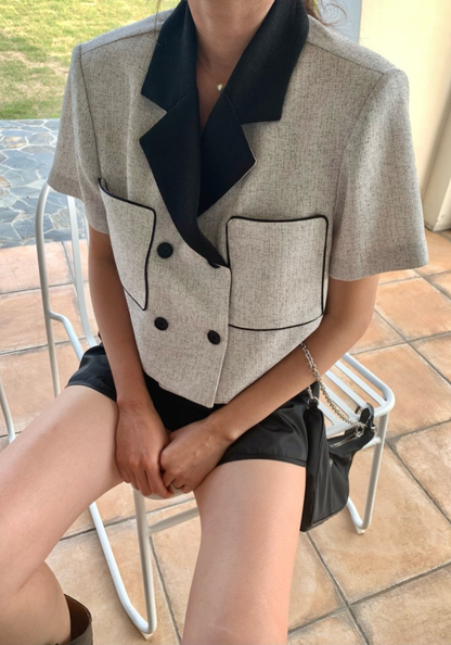 復古小香風西裝領雙排扣短袖外套