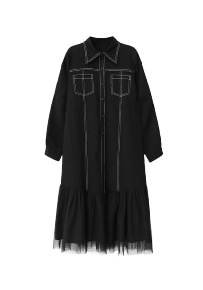 線條網紗拼接黑裙