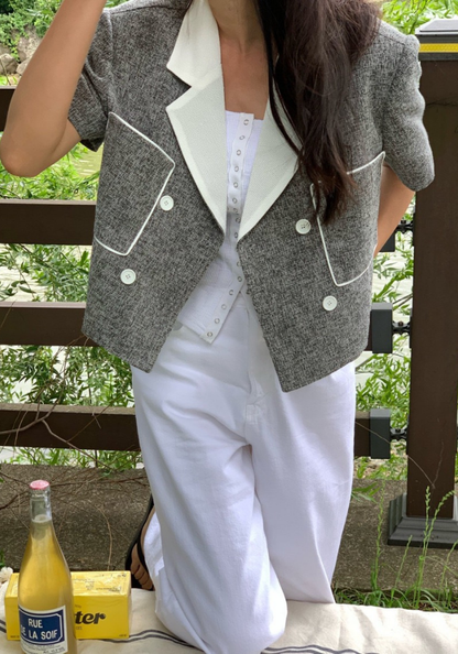 復古小香風西裝領雙排扣短袖外套