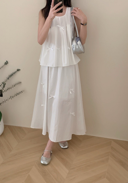 Bow sleeveless vest + skirt suit