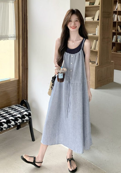 黑籃假兩件吊帶裙