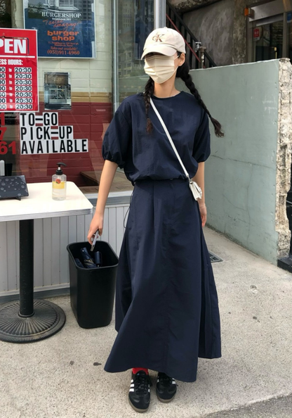 [Solid color puff sleeve top + high waist A-line skirt set]