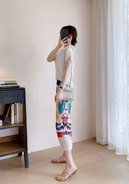 Printed straight pleated skirt