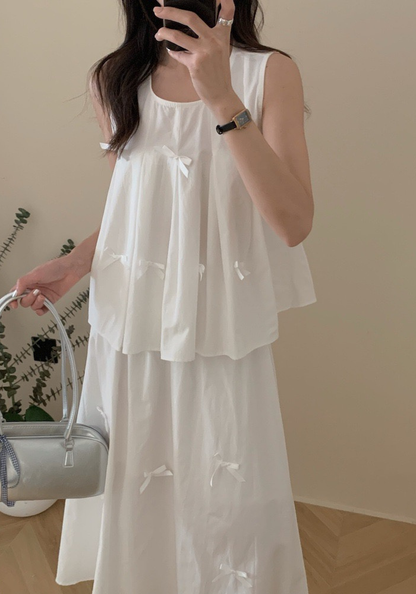 Bow sleeveless vest + skirt suit
