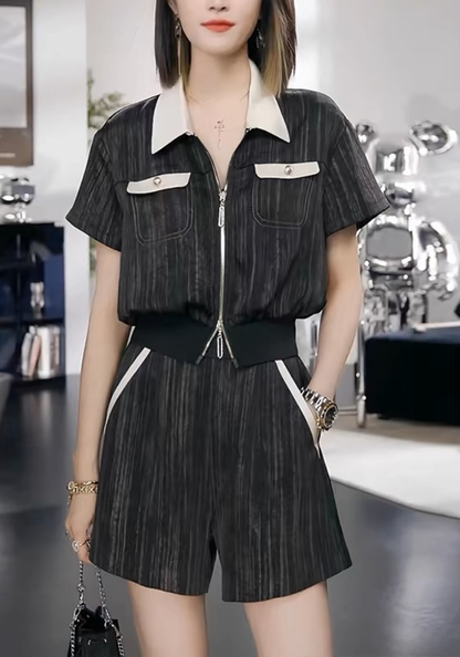 [Striped slimming zipper top and shorts set]