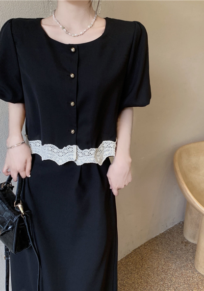 French lace patchwork top + skirt suit