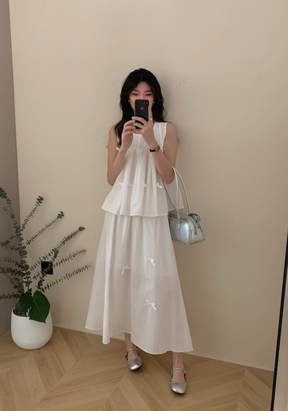 Bow sleeveless vest + skirt suit