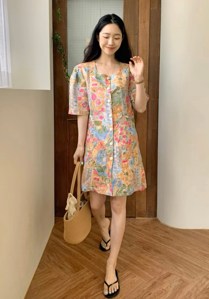 [Single-breasted oil painting print dress]