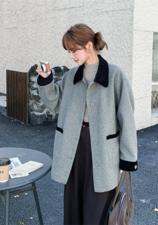 Gray and black color-blocked wool coat