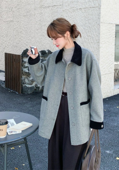 Gray and black color-blocked wool coat