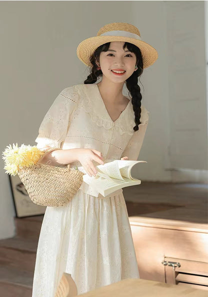 Lapel crocheted short-sleeved shirt suit