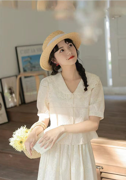 Lapel crocheted short-sleeved shirt suit