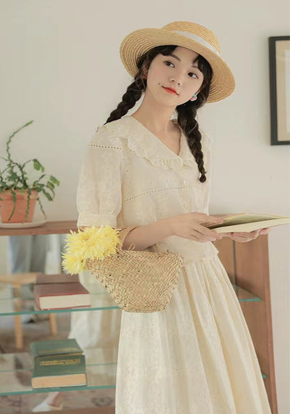 Lapel crocheted short-sleeved shirt suit