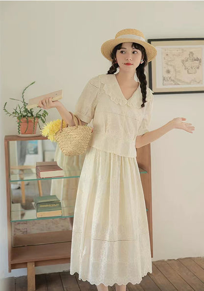Lapel crocheted short-sleeved shirt suit