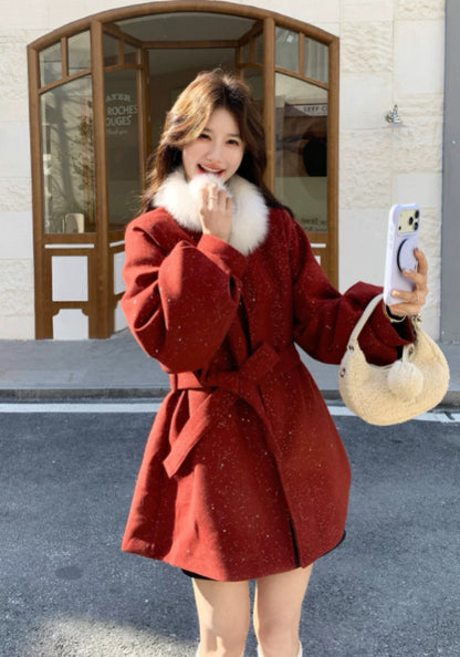 紅色毛領羊毛羽絨外套