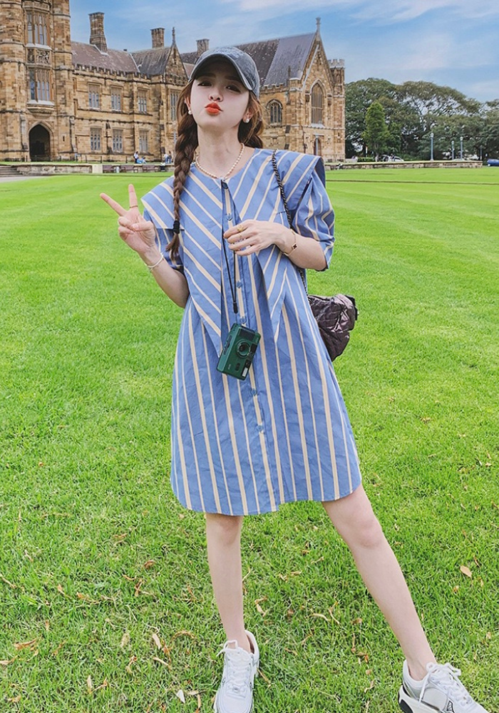 [Blue navy collar striped shirt dress]