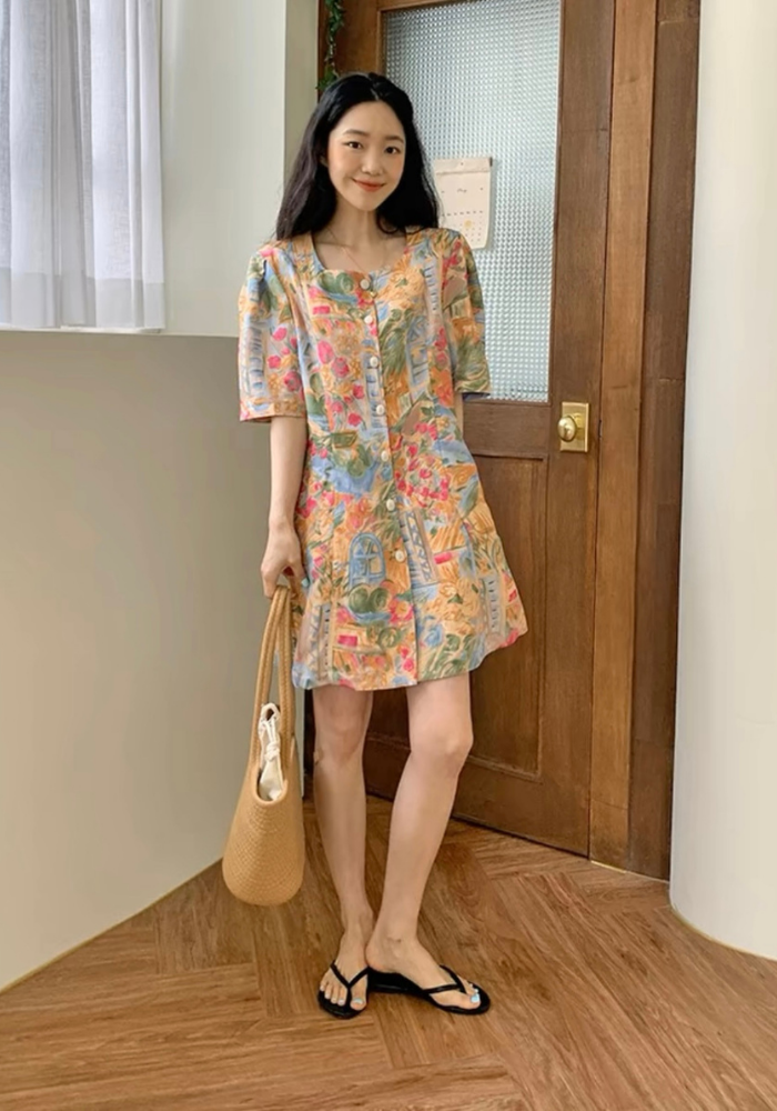 [Single-breasted oil painting print dress]