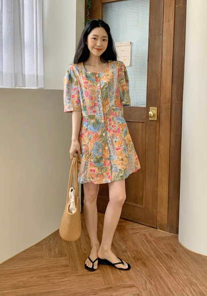 單排扣油畫印花連身裙