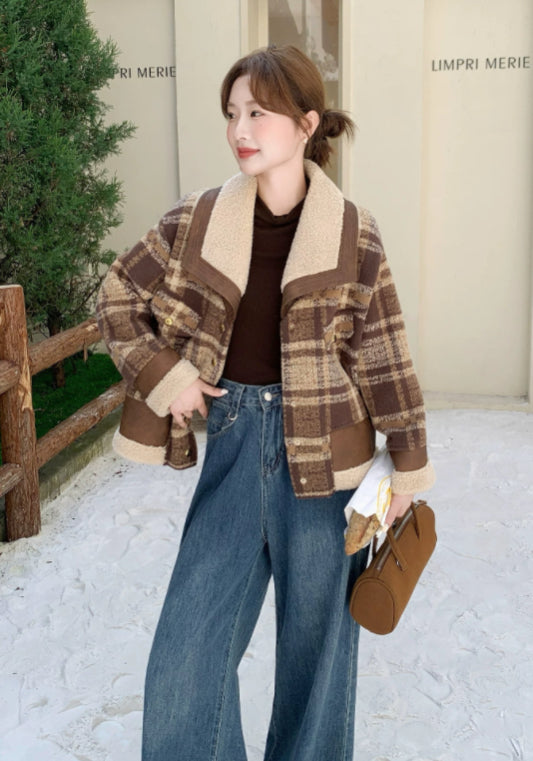 Retro plaid shearling coat