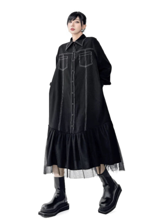 線條網紗拼接黑裙