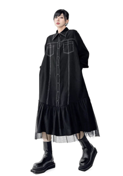 線條網紗拼接黑裙