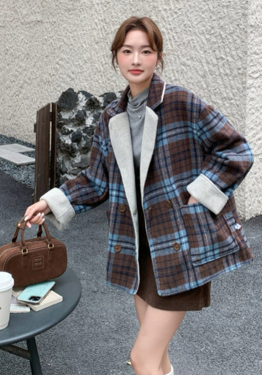 Blue plaid wool coat