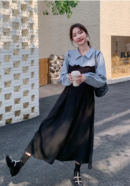 Fake two piece blue shirt dress