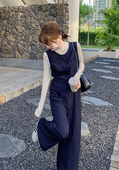 waist-cinching denim three-piece suit