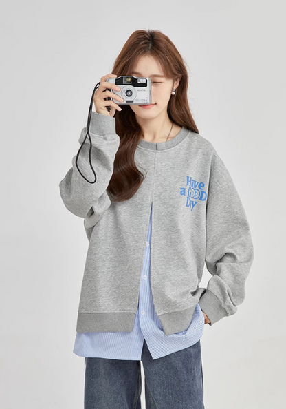 Fake two piece high slit sweatshirt