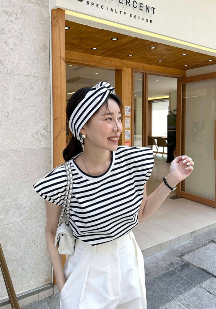 Korean style striped shoulder pad T-shirt