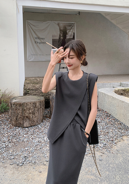 Cross sleeveless top + skirt set