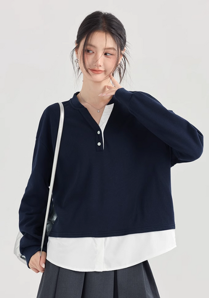 Fake two-piece black and white contrasting sweatshirts