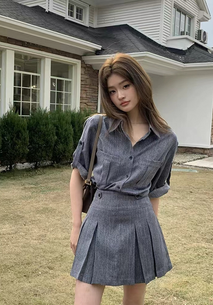 Textured shirt + pleated skirt set