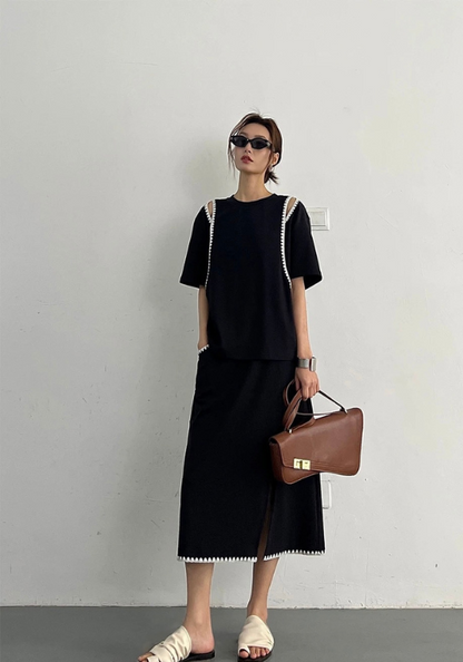 New Black Off-Shoulder T+ Slit Skirt Set