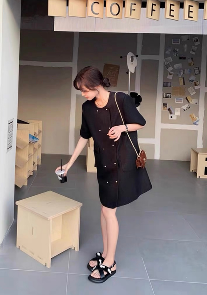 [French style high-end little black dress]