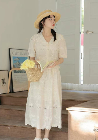 Lapel crocheted short-sleeved shirt suit