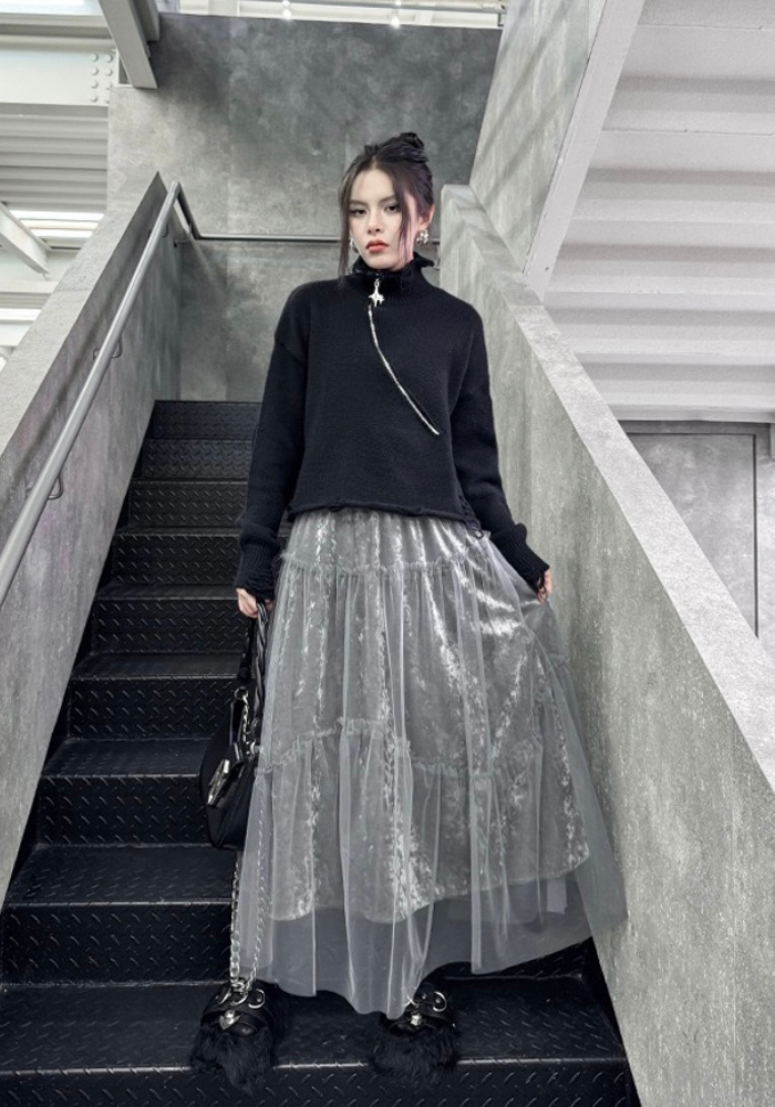 [Korean style velvet mesh patchwork skirt]