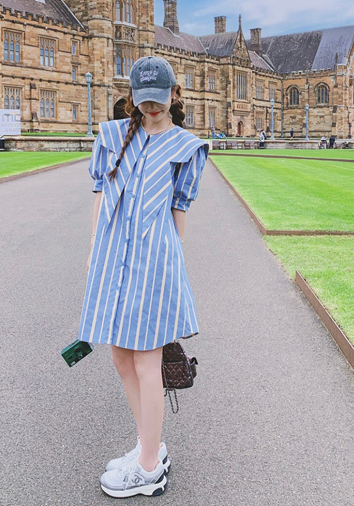 [Blue navy collar striped shirt dress]