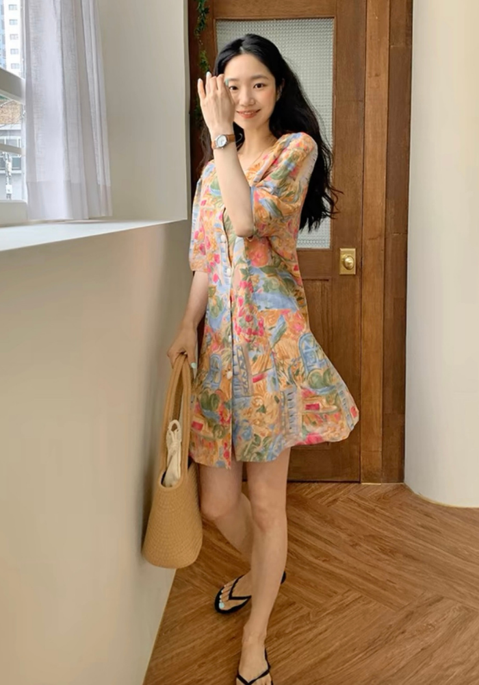 [Single-breasted oil painting print dress]