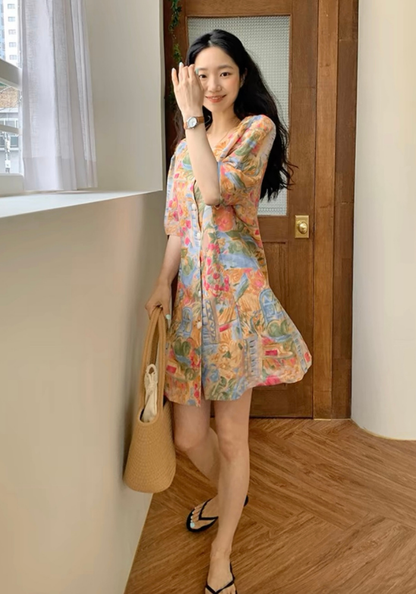 單排扣油畫印花連身裙