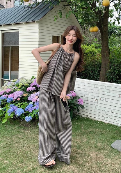Resort style striped top + wide leg pants suit
