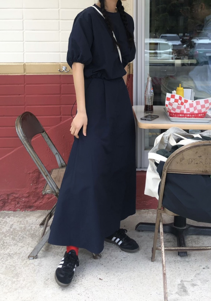 [Solid color puff sleeve top + high waist A-line skirt set]